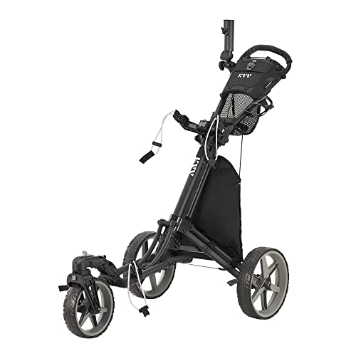 KVV 3 Wheel 360 Rotating Front Wheel Foldable/Collapsible Golf Push Cart with Foot Brake Open and Close in ONE Second-Free Umbrella Holder Included(Black/Charcoal)