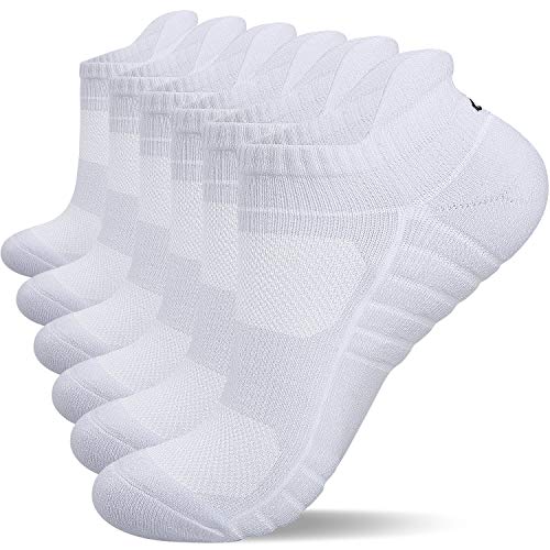 Lapulas Athletic Ankle Socks, Low Cut Cushioned Anti-Blister Running Tab Sports Socks for Men and Women 6Pairs (White, M)