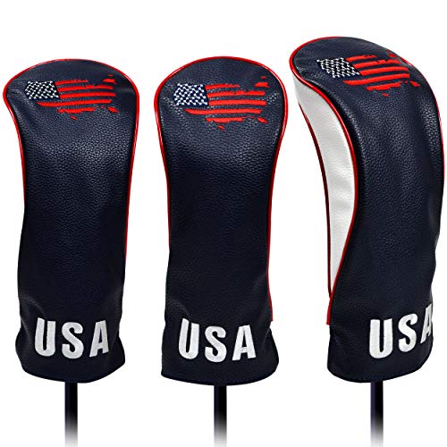 USA Golf Head Covers for Driver & Fairway Woods (Set of 3) – Premium Leather Headcovers, Designed to Fit All Woods and Drivers (Navy)