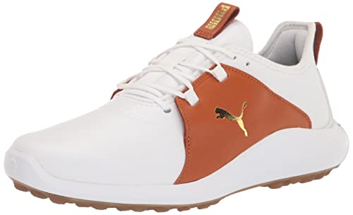PUMA Men’s Ignite Fasten8 Crafted Golf Shoe, White/Gold/Leather Brown, 10