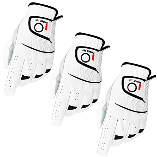 FINGER TEN Golf Gloves Men Right Left Handed Golfer Men’s Golf Glove Left Right Hand Value 3 Pack, All Weather Leather Grip Small Medium ML Large XL Size (3 Pack, Small, Left)