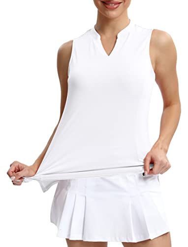 Alaroo Women’s Workout Golf Tank Tops Sleeveless Tennis Shirts V-Neck Polo Lightweight UPF 50+ White Size M