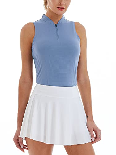 LastFor1 Women’s Golf Polo Sleeveless Shirt Zip-Up UPF 50+ UV Protection Athletic Tops Slim Fit Quick Dry Lightweight Blue S