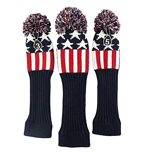 HELLO NRC Knitted Golf Headcover 3-Piece Set for Driver, Fairway Wood and Hybrid Wood (460cc) DR/FW/UT, with Rotating Number Label (#1, #3 and #5) A-American Flag.