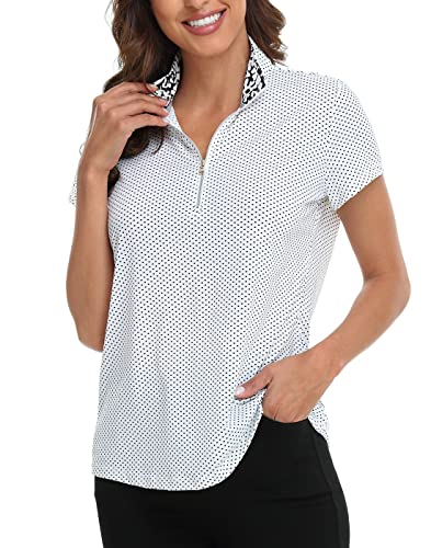 LRD Women’s Golf Polo Shirts Short Sleeve Tennis Shirt UPF 30 Quarter Zip Up Polka Dots – L