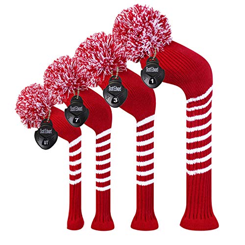 Scott Edward Multi-Style Optional Individualized Knit Golf Club Head Covers Set of 4, Fit for Driver Wood(460cc) * 1, Fairway Wood * 2, and Hybrid(UT) * 1, for Male/Female Golfers (Crimson Red)