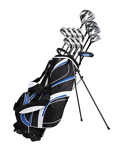 18 Piece Men’s Complete Golf Club Package Set With Titanium Driver, #3 & #5 Fairway Woods, #4 Hybrid, 5-SW Irons, Putter, Stand Bag, 4 H/C’s (Blue, Regular Size)
