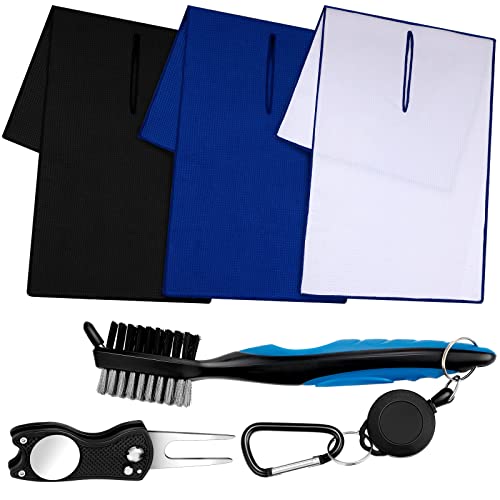 Golf Accessories for Men 5 Pack Center Cut Microfiber Golf Towel 16 x 40” Waffle Pattern Golf Towel with Center Slit Golf Club Cleaning Kit Golf Divot Tool and Golf Brush Golf Accessories for Men