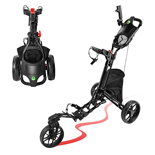 BOBOPRO Golf Push Cart, 3 Wheel 360 Rotating Front Wheel Foldable Golf Cart for Golf Bag with Foot Brake, Umbrella Holder and Insulation Bag (Black)