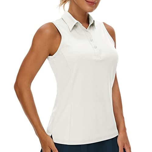 Casei Women’s Sleeveless Golf Polo Shirts UPF 50+ Quick Dry Collared Polo Shirts Athletic Tank Tops Shirts,White L