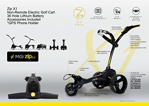 MGI Zip X1 Electric Golf Cart – 36 Hole Lithium Battery – Accessories Included (GPS Phone Holder), Black