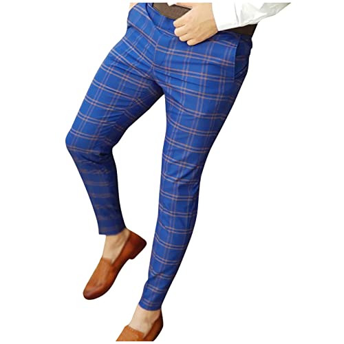 Men’s Business Plaid Print Skinny Pencil Pants Slim Fit Plaid Flat-Front Stretch Slim Stylish Casual Golf Dress Pants Blue