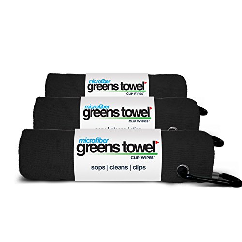 Greens Towel Black 3 Pack Golf Towel Set for Golf Bags with Clip, Plush Microfiber Nap Fabric, 16×16, The Original (Jet Black)