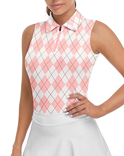 Womens Argyle Golf Shirt Sleeveless Athletic Sport Polo Tank Top Printed Polo Half Zip Tennis Shirts Sleeveless Pink