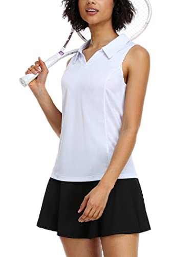 COOrun Women’s Tennis Shirts Sleeveless Quick Dry Golf Polo Shirts Collared V Neck Active Workout Shirts Sportswear,White XL