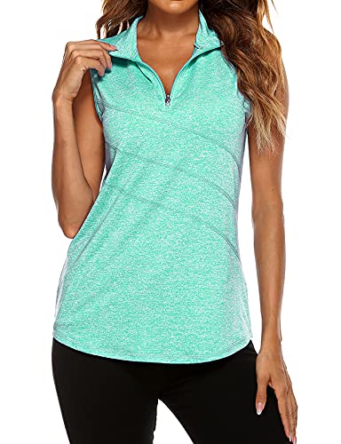 Tanst Sky Women’s Sleeveless Tennis Shirts Loose Fit, Women’s Golf Tops Ladies Round Collar Stretchy Lounging Jogging Walking Activewear Zip Up Trendy Running Yoga Tunics Green X-Large