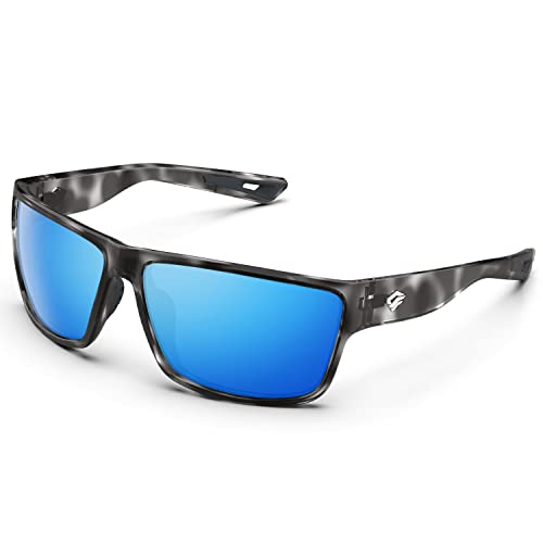 TOREGE Polarized Sports Sunglasses for Men and Women Cycling Running Golf Fishing Sunglasses TR26 (Bright Black& Grey Tortoise Frame& Ice Blue Lens)