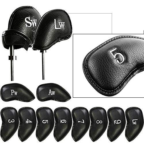 FINGER TEN Golf Iron Head Covers Value 12 Piece Set, Synthetic Leather Deluxe Black Club Headcover, Universal Fit Main Iron Clubs (1 Side-Black)