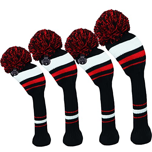 Golf Club Head Covers Knit for Woods Driver Fairway Hybrid Head Cover Knitted Pom Pom Stripes Pattern for Main Wood Clubs (Black&Red-4pcs(D+F+F+H))