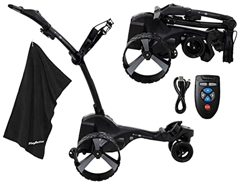 PlayBetter MGI Zip Navigator Electric Golf Caddy (Black) Bundle with Remote Control & PlayBetter Premium Extra Large Towel – Motorized Push Cart with Full Directional Remote Control, Gyroscope