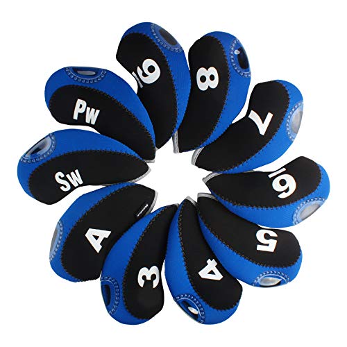 Andux Number Print Golf Iron Club Head Covers with Transparent Window 10pcs/Set Black/Blue
