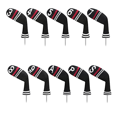 LeFeng 10pcs Knitted Golf Iron Head Covers 3-9/A/P/S Set – Lightweight and Durable Material – Multiple Patterns Golf Club Head Covers – Fit Well for Callaway Ping Taylormade Cobra Etc.(Red Stripes)