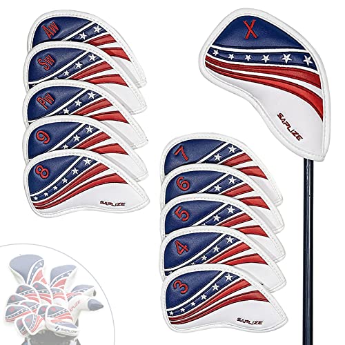 SAPLIZE US Flag 11PCS PU Leather Waterproof Golf Iron Head Covers Set, Golf Club Head Cover for Wedge & Iron, Protective Headcover