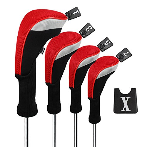 Andux 4pcs/Set Golf 460cc Driver Wood Club Head Covers Long Neck with Interchangeable No. Tags Red