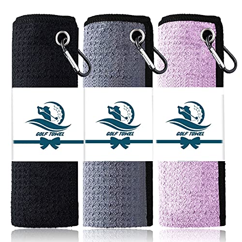 FINGER TEN Golf Towel Microfiber Waffle Towels for Golf Bags for Men Women with Clip 15.7’’X15.7’’ Set in Gray Black Purple (Black&Gray&Purple, 15.7”X15.7”)