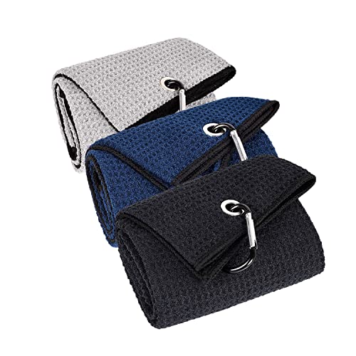 LUSTEMBER 3 Pack Large Size Golf Towels, 16″ x 24″ Tri-fold Premium Microfiber Fabric Waffle Pattern Whith Heavy Duty Carabiner Clip to Remove Sand, Mud, Grass and Dirt from Golf Accessories