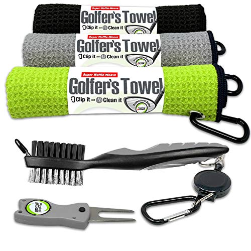 US Based Fireball Golf – Towel Gift and Accessories Set (green, grey and black) – 3 golf towels, golf divot tool, ball marker, and golf cleaning brush, golf gifts for men, women, children