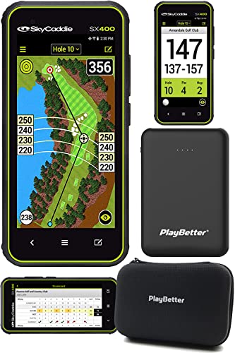 SkyCaddie SX400 Handheld Golf GPS Power Bundle | with PlayBetter Portable Charger & Protective Hard Case | Rugged, Touchscreen, 4″ Display, 35,000 Maps | Golf GPS Rangefinder
