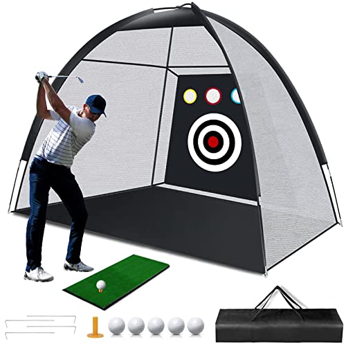 LYKD Golf Nets for Backyard Driving, 10x7ft Practice Net with 3 Chipping Targets, Portable Training Equipment, 1 Mat/ 5 Balls/ Tees/ Carry Bag, Indoor & Outdoor Game, Black