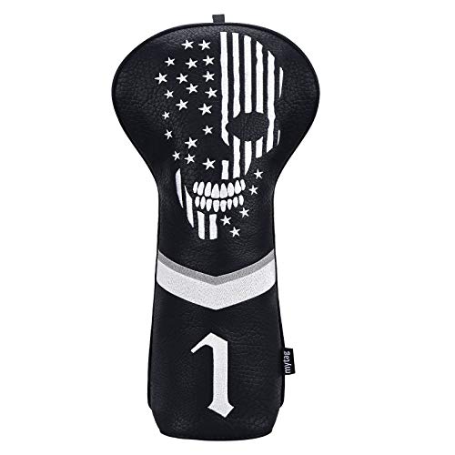 caiobob mytag Golf Skull Skeleton Head Cover Golf Club Black Leather Headcovers Set Fits Driver Fairway Wood Hybrid (1pc Driver Cover)