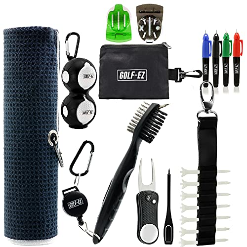 Golf-EZ Golf Essentials Kit | Golf Towel | Cleaning Brush | TRI-LINE Golf Ball Alignment Kit | Divot Repair Tool | Golf Ball & Tee Holder