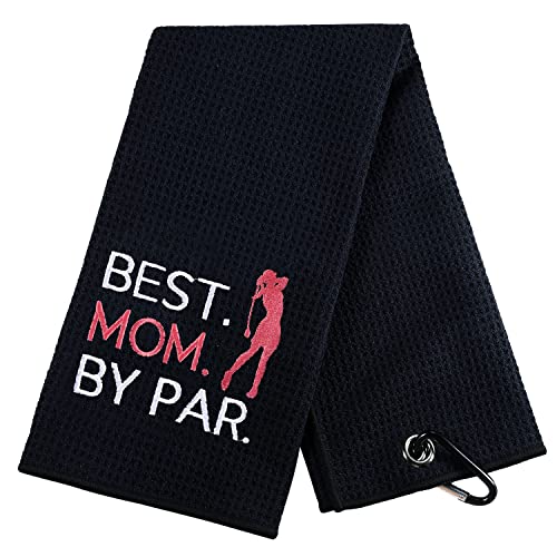 FAFAMESO Funny Golf Towel – Best Mom by Par – Embroidered Golf Towels for Golf Bags with Clip, – Mom Gifts from Daughters – Mom Thank You Gifts, Birthday Gifts for Mom – Presents for Golfer