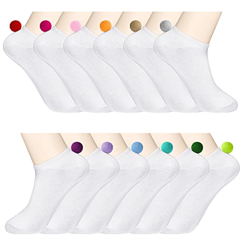 Geyoga 12 Pairs White Ankle Socks with Pom Pom Balls Lowcut Pom Pom Performance Socks Seamless Soft Low Cut Socks Athletic Socks (Multicolor)