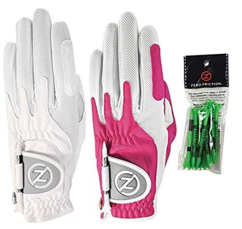 Zero Friction Ladies Compression-Fit Synthetic Golf Glove (2 Pack with Free Pack of tees), Universal Fit One Size, White/Pink
