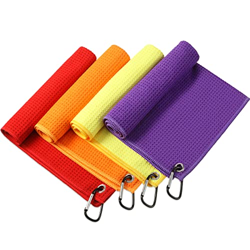 4 Pack Golf Towel for Golf Bags Microfiber Fabric Towel Bag with Clip Waffle Pattern Golf Accessories for Men Women Golf Ball Club Set, Multiple Colors (Red, Orange, Yellow, Purple)
