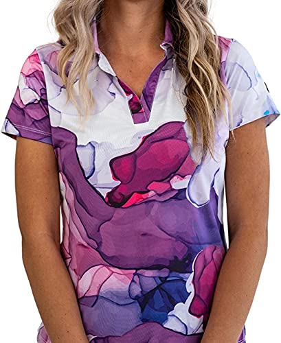 YATTA GOLF Women’s Golf Polo – Premium Wrinkle Resistant, Moisture Wicking, and V-Neck Collared Shirts for Women – Short Sleeve, Slim Fit, Spandex and Polyester-Made Golf Shirts (Purplicious, M)