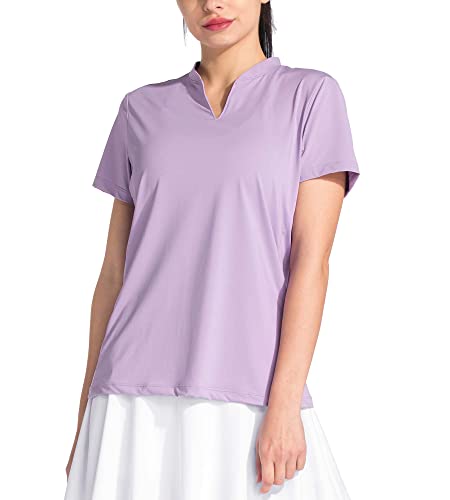 ChinFun Womens V Neck Golf Shirts Short Sleeve Polo Shirt Lightweight UPF 50+ Quick Dry Outdoor Tennis Running Tops Purple XL