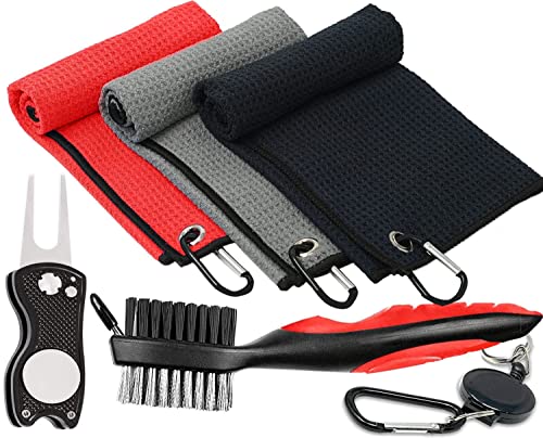 SlickNik – Golf Towel Pack – 3 Microfiber Waffle Pattern Golf Towels Including Golf Club Brush and Groove Cleaner Divot Repair Tool