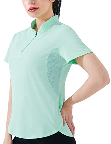 Hiverlay Running Shirts Women UPF 50+ Golf Quarter Zip Pullover Shirts Workout Tops with Pocket Green l