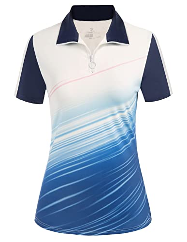 JACK SMITH Womens Golf Shirt Short Sleeves Sport Polo Shirts Equestrian Horse Riding Zip Up Tops Ocean Blue L