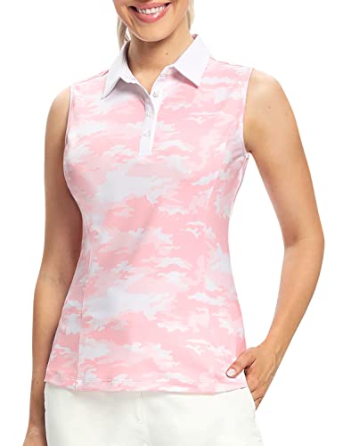 Hiverlay Polo Shirts for Women Sleeveless Golf Tank Tops Camo Tennis Shirts Slim Fit UPF 50+ with Collared, Pink, Medium