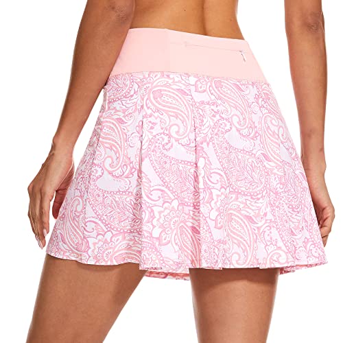 M MOTEEPI 16″ Tennis Skirts for Women Pleated Golf Athletic Skorts Skirts with Shorts Pockets Running Pickleball Summer Crystal Pink Medium