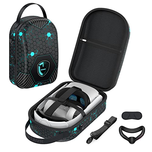TATAVR Carrying Case Compatible with Oculus Quest 2 Headset and Touch Controller Accessories, Hard Travel Case Storage Bag Shell with Shoulder Strap, Silicone Face Cover and Lens Protector -Black