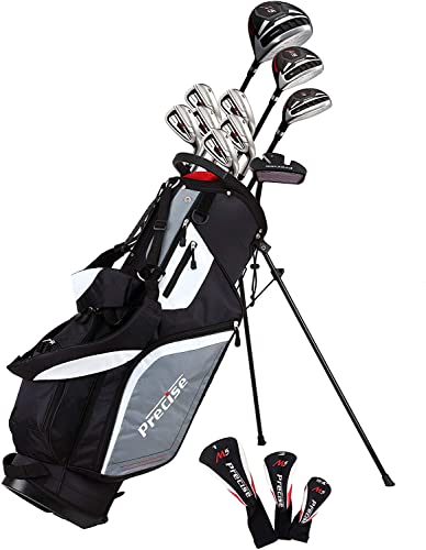 Precise M5 Men’s Complete Golf Clubs Package Set Includes Titanium Driver, S.S. Fairway, S.S. Hybrid, S.S. 5-PW Irons, Putter, Stand Bag, 3 H/C’s (Left Hand Tall Size +1″)