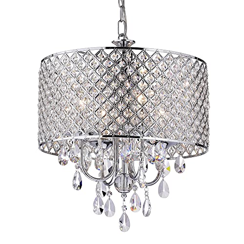 Edvivi Marya Drum Crystal Chandelier, 4 Lights Glam Lighting Fixture with Chrome Finish, Adjustable Ceiling Light with Round Crystal Drum Shade, Dining Room Light for Living Room, Bedroom, Kitchen