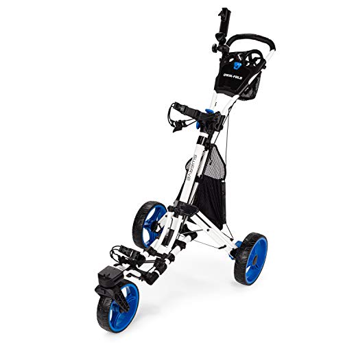 Founders Club Swerve 3 Wheel Push Pull Golf Cart for Walking Free Umbrella Holder and Storage Bag (White Blue)